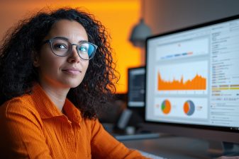 Nainen analysoi kaavioissa ja graafeissa olevaa dataa tietokoneen näytöltä toimistossa.