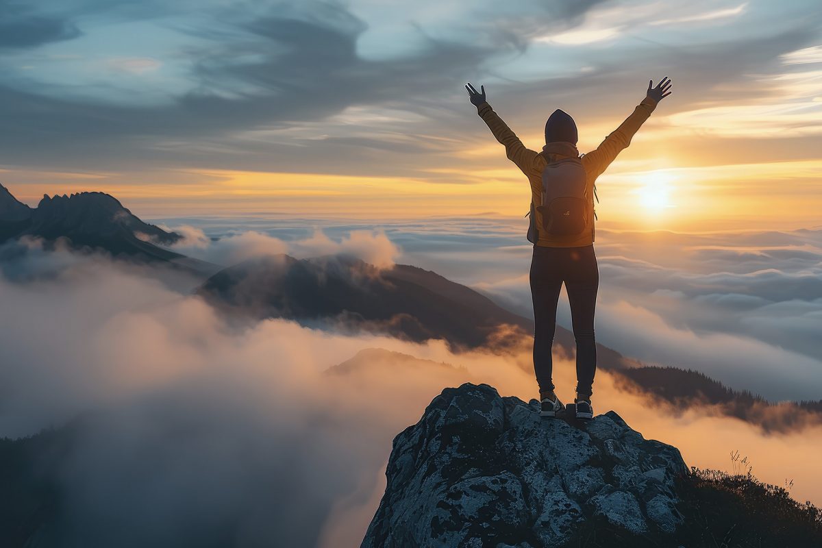 Henkilö seisoo vuoren huipulla kädet voitonriemuisesti kohotettuina, auringonnousun aikaan utuisten vuorten ja pilvien yllä.