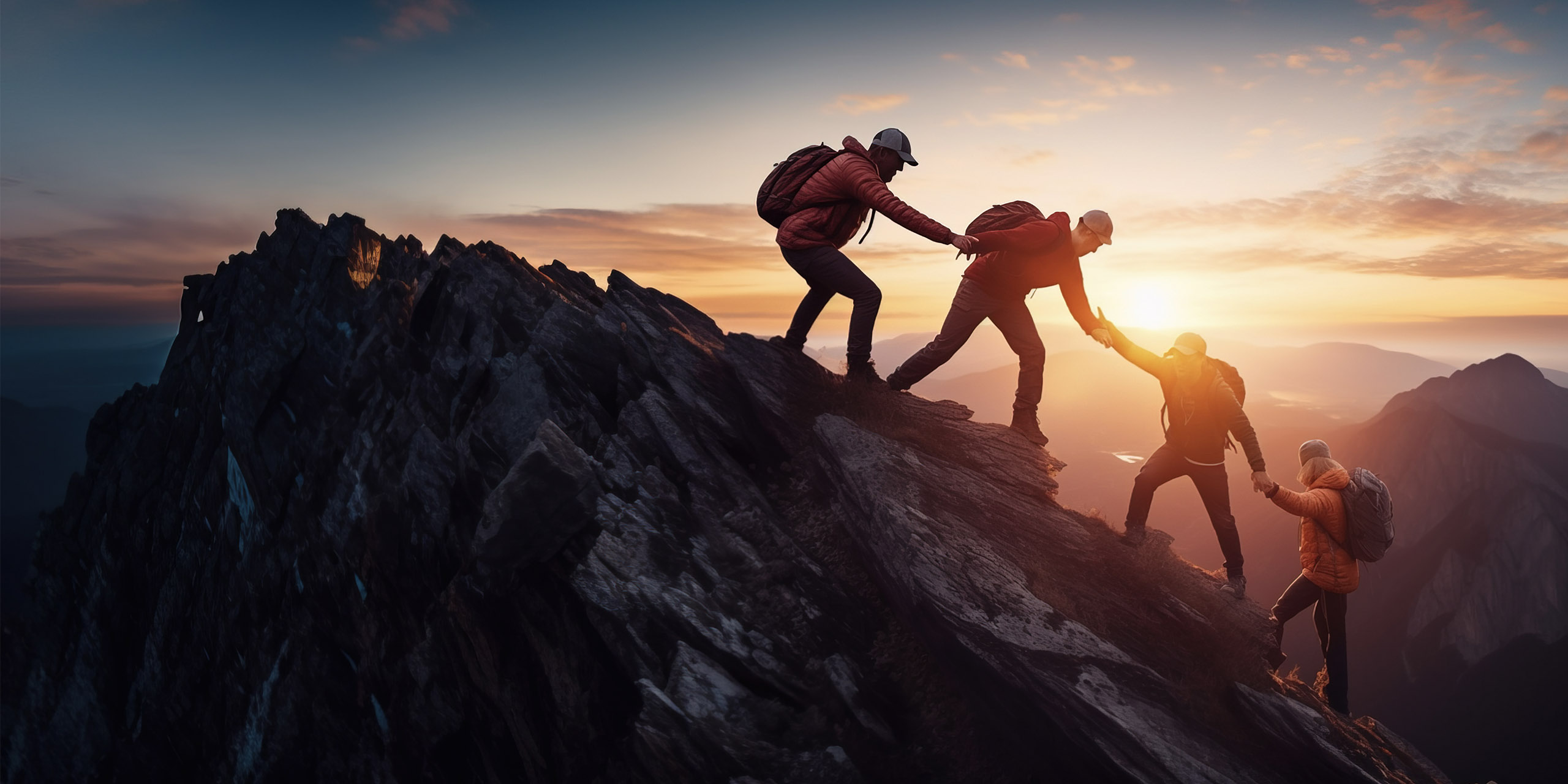 Panoraamanäkymä ihmisryhmästä, joka pitää toisiaan kädestä kiinni ja auttaa yhdessä saavuttamaan vuorenhuipun upeassa vuoristomaisemassa auringonlaskun aikaan.