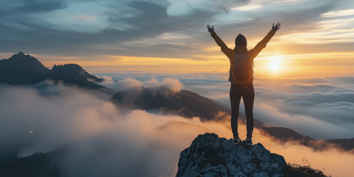 Henkilö seisoo vuoren huipulla kädet voitonriemuisesti kohotettuina, auringonnousun aikaan utuisten vuorten ja pilvien yllä.