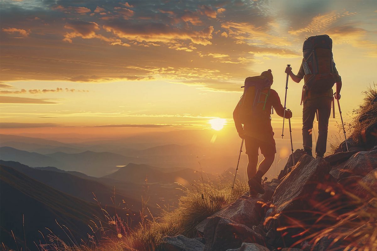Kaksi henkilöä kävelemässä yhdessä vuoren huipulle auringonlasku taustanaan.