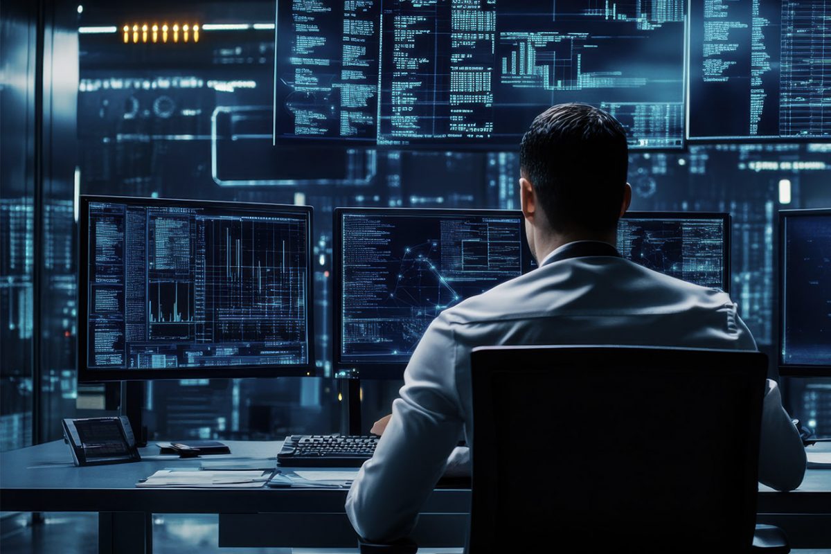 Mies tarkastelee näyttöruutuja kyberturvavalvomossa.