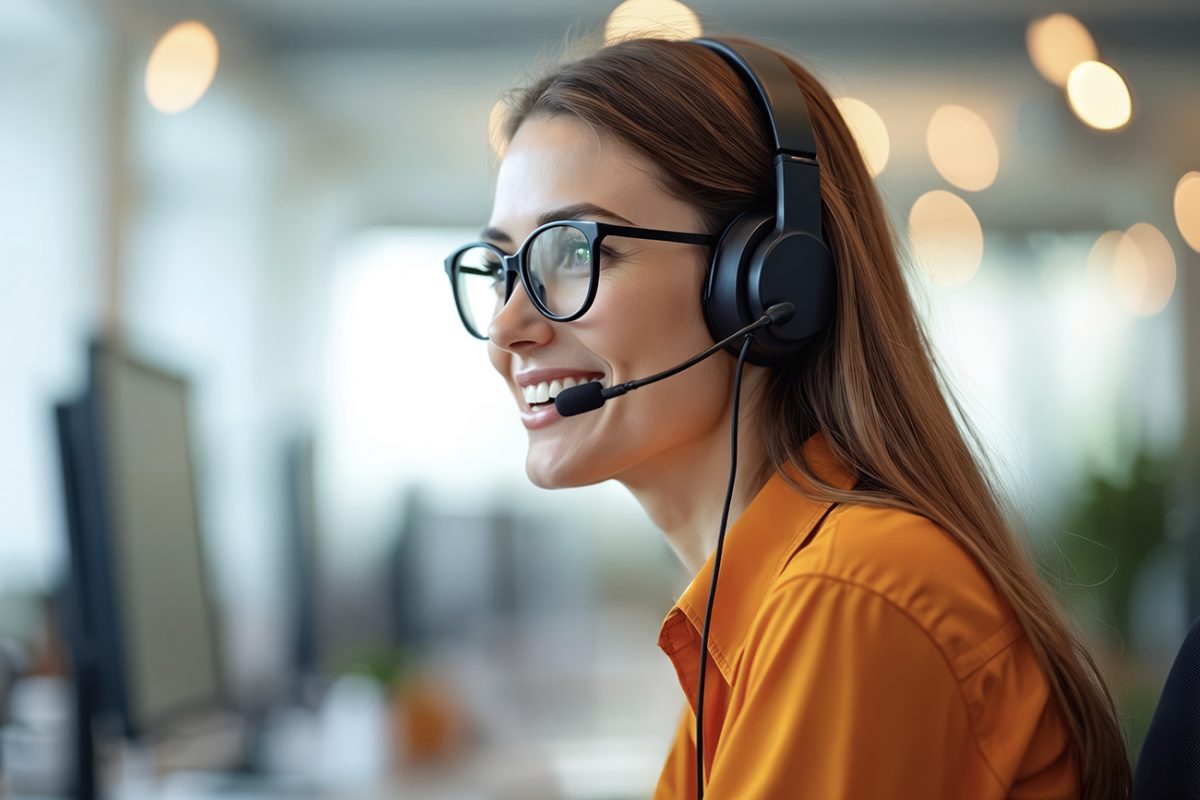 Nainen tukipalveluissa puhuu kuulokkeiden kautta puhelimeen.