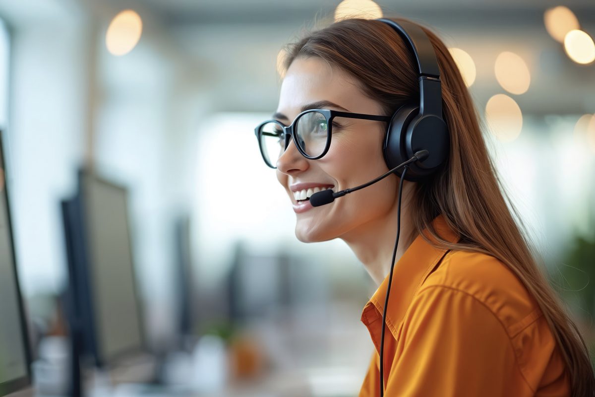 Nainen tukipalveluissa puhuu kuulokkeiden kautta puhelimeen. 