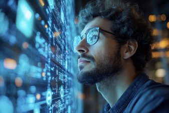Pilvipalveluiden asiantuntija, joka hallinnoi pilvi-infrastruktuuria, tarkastelee digitaalisia näyttöjä.